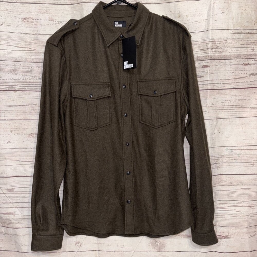 The Kooples Olive Green Snap up long sleeve shirt 32% wool men’s small slim NWT